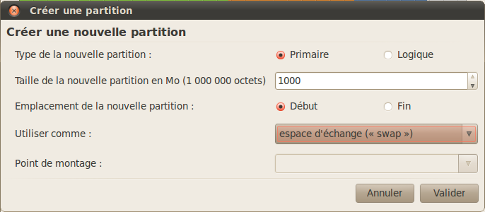 Création de la partition swap